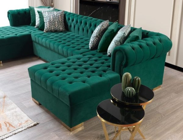 Eleanor green velvet double chaise U shape sectional sofa