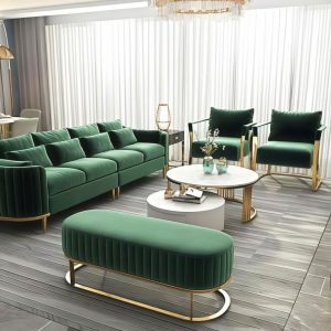 Green velvet Luxury couch 4 seater and two chairs with stool